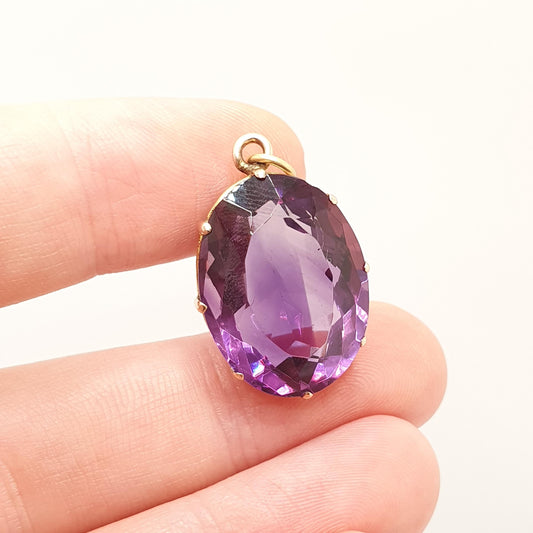 Antique 9ct Gold Amethyst Pendant Solid 9k 375 Large Oval Cut Faceted Gemstone Necklace Cute Real Vintage Womens Ladies Jewellery Jewelry