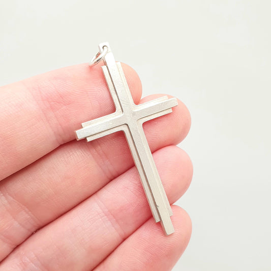 Vintage Sterling Silver Crucifix Necklace Cross Pendant Stepped Big Large Modernist Solid 925 1970s Retro Mens Womens Jewelry Jewellery