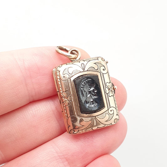 Antique Victorian Intaglio Locket Pendant Rose Rolled Gold Filled  Centurion Necklace Faux Onyx Clover French Vintage Womens Jewelry