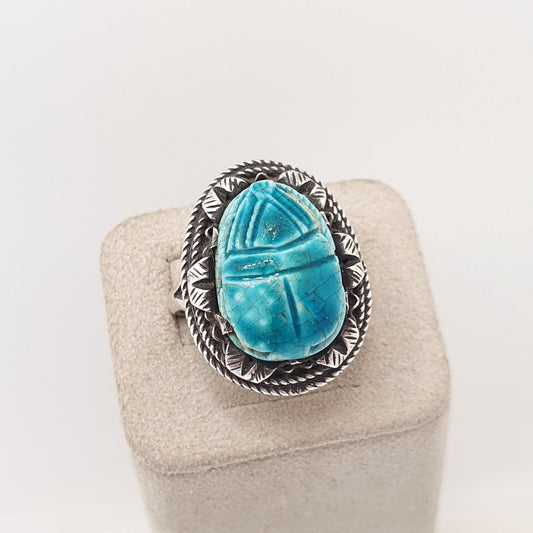 Old Vintage Scarab Beetle Solid Silver Ring 1948 Hallmark Egyptian Faience Art Deco Revival Large Big Insect Bug Antique Jewelry Jewellery