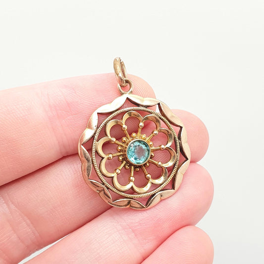 Antique Rolled Gold Aquamarine Paste Necklace Pendant Edwardian Openwork Rose Gold Filled Spiral Flower Vintage Jewellery Jewelry