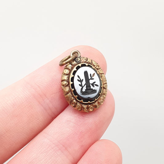 Antique Victorian Intaglio Locket Pendant Mourning Chased Border Glass Rear Rolled Gold Necklace Roman Column Paste Vintage Womens Jewelry