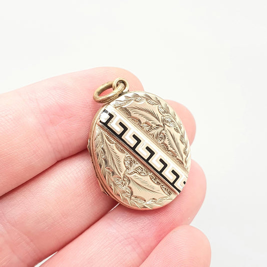 Antique Victorian 9ct Gold Locket Black Enamel Greek Key Pattern Pendant Necklace Solid 9k 375 Front Oval Vintage 1800s Jewelry Jewellery