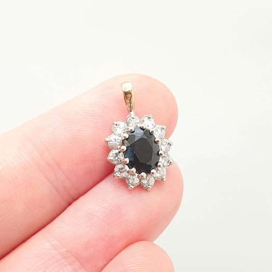 Vintage 9ct Gold Sapphire Pendant CZ Cluster Solid 375 9k Real Large Oval Cut Gemstone Necklace Halo Fine Retro Womens Jewelry Jewellery