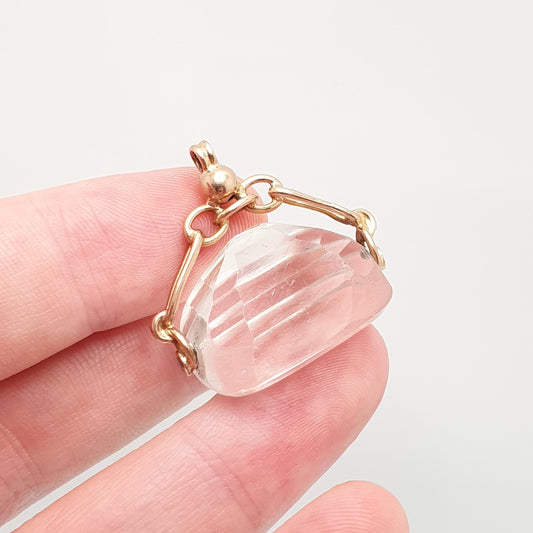 Antique 9ct Gold Rock Crystal Quartz Fob Pendant Necklace Solid 9k 375 Large Big Gemstone Spinner Albert Chain Vintage Jewellery Jewelry