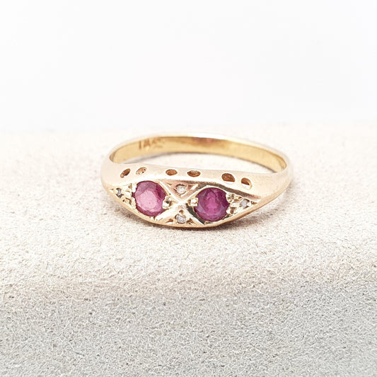 Antique 18k Gold Diamond & Ruby Ring Victorian Old Cut Solid 18ct 750 Gypsy Red Pink Gemstone Real Rare Ladies Womens Jewelry Jewellery