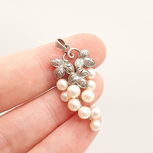 Vintage MIKIMOTO Pearl Pendant Sterling Silver Necklace Grape Leaf Cultured Genuine Real Fine Womens Jewelry Jewellery Genuine