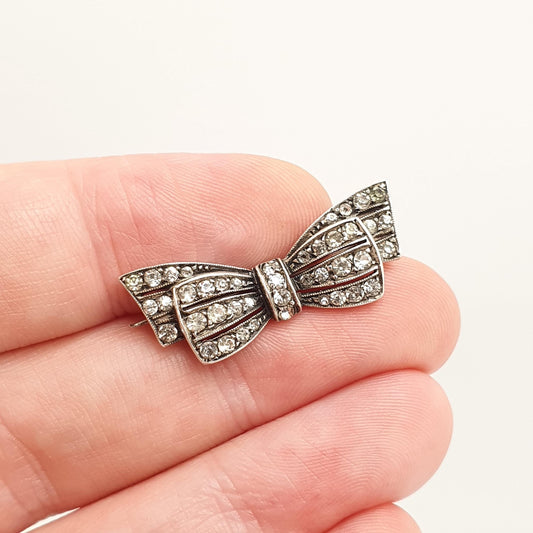 Antique Paste Solid Silver Bow Brooch Ribbon Diamond Pastes Tiny Small 1910s Gift Sweet Cute Sparkly Womens Jewelry Jewellery Vintage