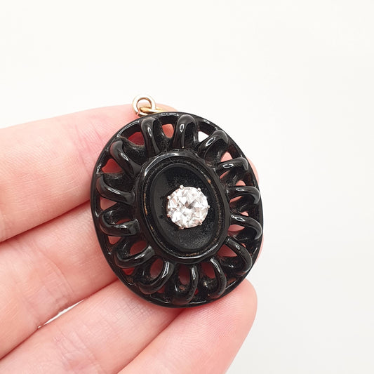 Antique Victorian Whitby Jet White Sapphire Necklace Pendant Genuine Gemstone Swirl Spiral Mourning 1800s Womens Vintage Jewelry Jewellery