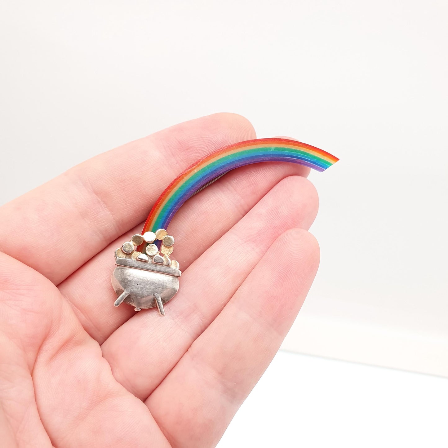 Vintage Sterling Silver Rainbow Brooch Pot of Gold Irish Pin 1989 Hallmark W&CS LGBQT+ Lucky Good Luck Womens Mens Jewelry Jewellery