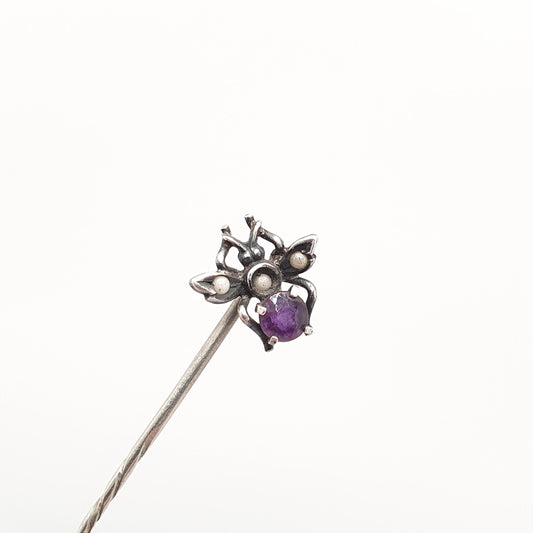 Antique Victorian Solid Silver Fly Stick Pin Amethyst Lapel Simulated Seed Pearl Genuine Real Gemstone Rare Insect Bug Jewelry Jewellery