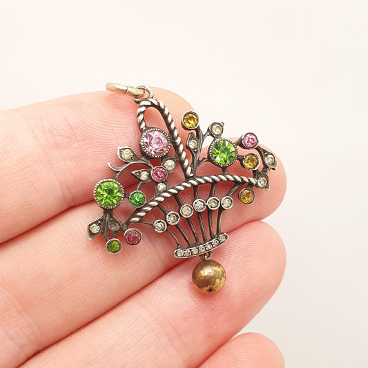 Antique Victorian Solid Silver Paste Giardinetti Pendant Necklace Little Garden Italian Flower Basket Sparkly Vintage Jewelry Jewellery