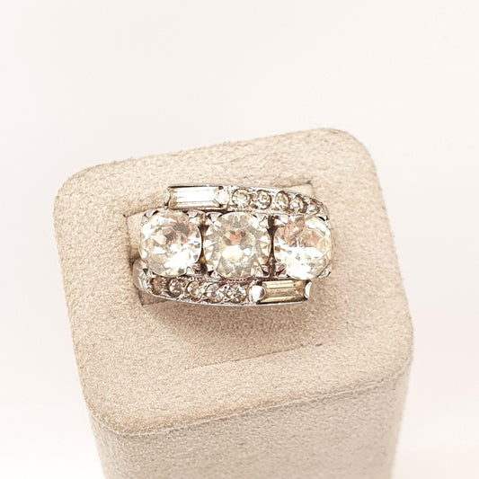Antique Sterling Silver Diamond Paste Ring Art Deco Baguette Cut 1920s Sparkly Crossover Trilogy Ladies Vintage Womens Jewelry Jewellery