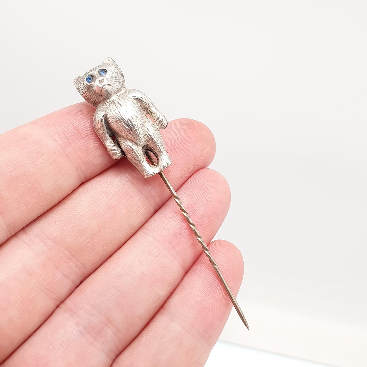 Antique Solid Silver Teddy Bear Stick Pin Sapphire Paste Eyes Cute Cuddly Toy Lapel Jacket Large Big Rare Vintage Womens Jewelry Jewellery