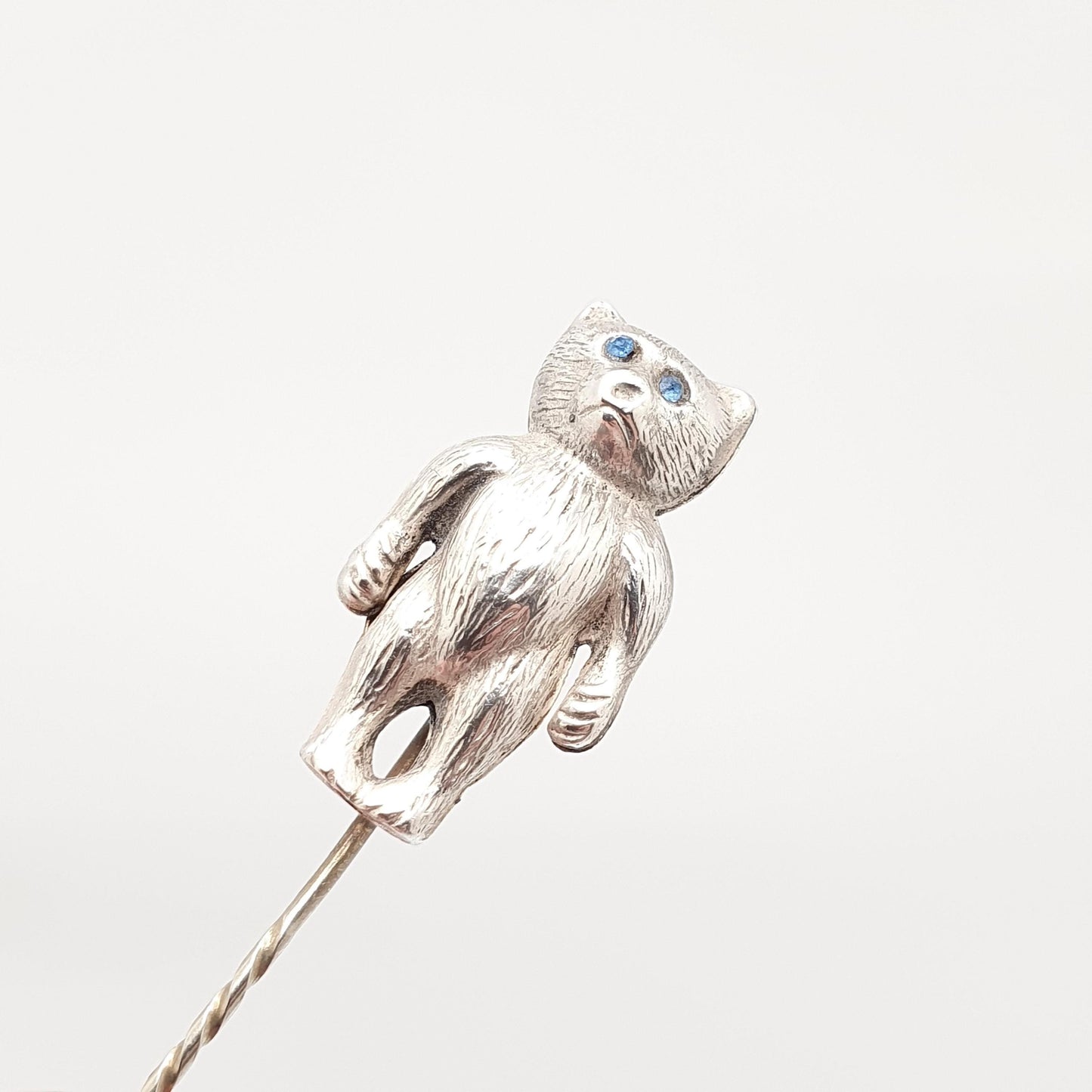 Antique Solid Silver Teddy Bear Stick Pin Sapphire Paste Eyes Cute Cuddly Toy Lapel Jacket Large Big Rare Vintage Womens Jewelry Jewellery