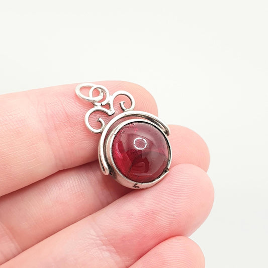 Antique Sterling Silver Spinner Fob Necklace Pendant Garnet & Blue Chalcedony 1876 Albert Chain Womens Gift Bauble Vintage Jewelry Jewellery