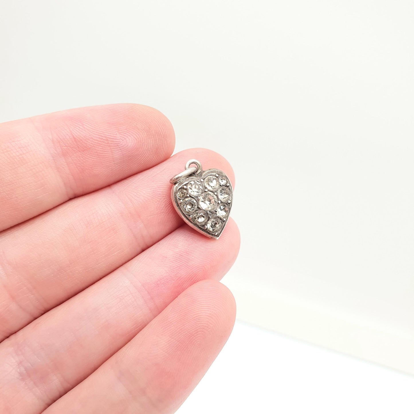 Antique Solid Silver Paste Heart Pendant Necklace Victorian Charm Puffy Puffer Small Cute Diamond Pastes Vintage Womens Jewellery Jewelry