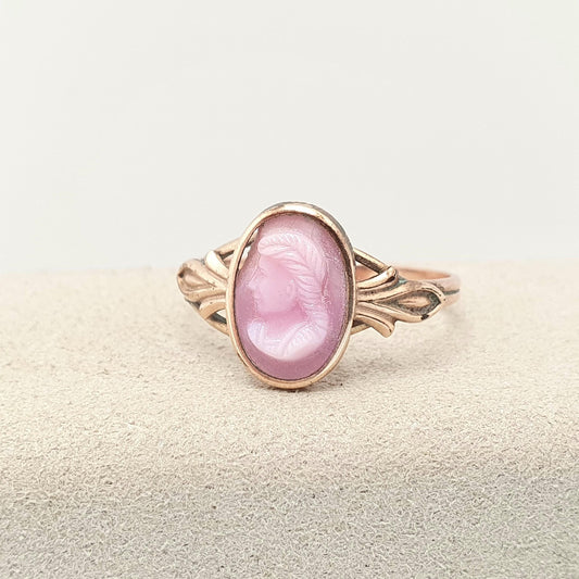 Antique Rolled Gold Glass Pink Cameo Ring Victorian Rose Gold Filled Faux Signet Costume Jewellery Jewelry Vintage Rings Womens Ladies