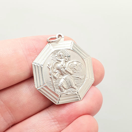 GEORG JENSEN Vintage St Christopher  Sterling Silver Pendant Necklace Large Big Octagonal 1975 Hallmark Jewellery Jewelry Men Women 925
