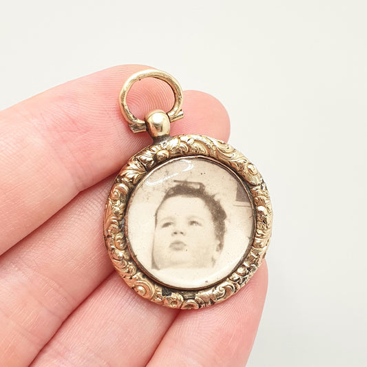 Antique Victorian Rolled Gold Locket Pendant Chased Engraved Border Double Sided Necklace Vintage 1800s Picture Womens Jewelry Jewellery