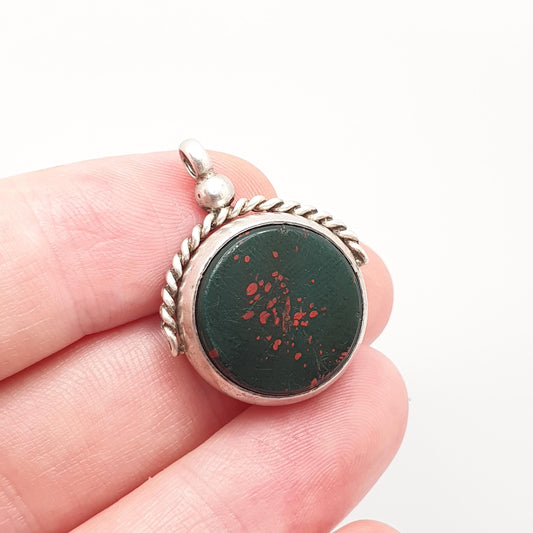 Antique Sterling Silver Spinner Fob Necklace Pendant 1912 Hallmark Faux Bloodstone & Faux Carnelian Curb Link Vintage Jewelry Jewellery