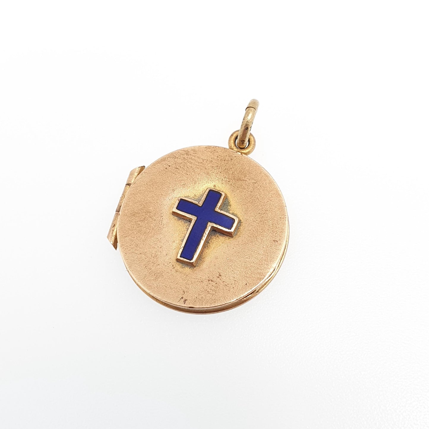 Antique Gold Gilt Enamel Locket Crucifix Cross Royal Blue Jesus Necklace Pendant Photo Picture Vintage Christian Womens Jewelry Jewellery