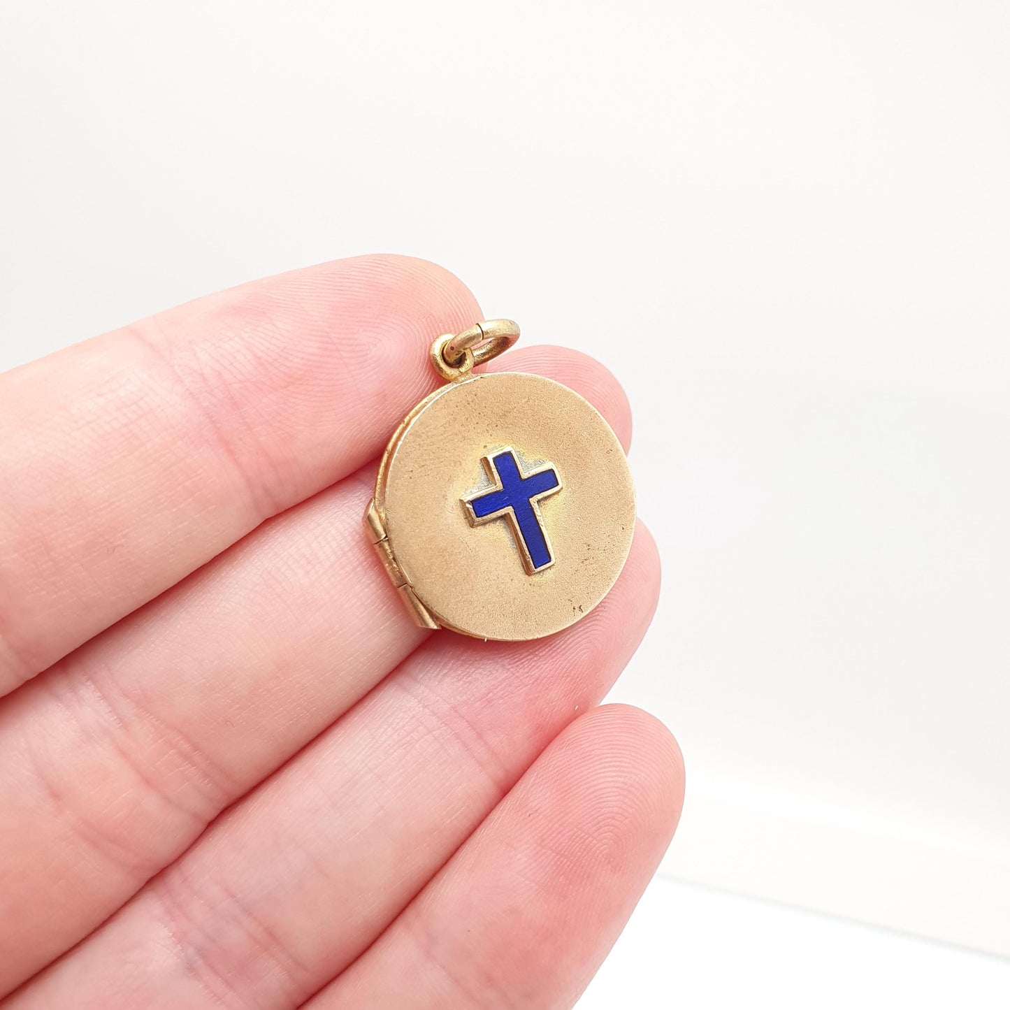 Antique Gold Gilt Enamel Locket Crucifix Cross Royal Blue Jesus Necklace Pendant Photo Picture Vintage Christian Womens Jewelry Jewellery