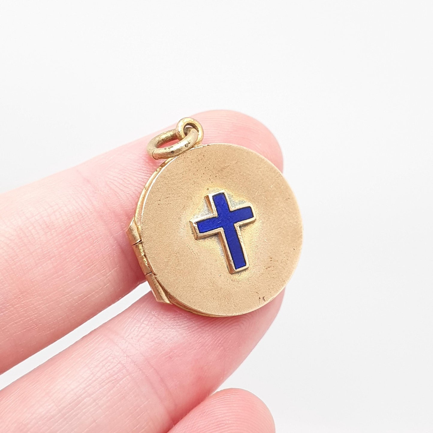 Antique Gold Gilt Enamel Locket Crucifix Cross Royal Blue Jesus Necklace Pendant Photo Picture Vintage Christian Womens Jewelry Jewellery