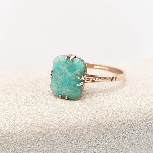 Antique 9ct Gold Chrysoprase Ring Art Deco Solid 9k 375 Rectangular Solitaire Green Real Gemstone Rare Womens Vintage Jewelry Jewellery