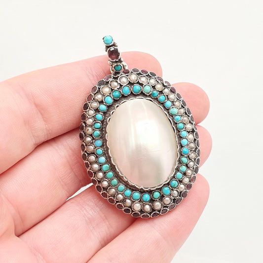 Antique Solid Silver Garnet Locket Turquoise Austro Hungarian Victorian Mother of Pearl Necklace Big Large Rare Vintage Jewelry Jewellery
