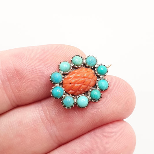 Antique Victorian 9ct Gold Coral Turquoise Brooch Hand Carved Solid 375 9k Pin Cluster Halo Vintage Gift Womens Jewelry Jewellery Vintage