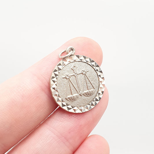 RESERVED/SOLD DON Vintage Solid Silver Libra Necklace Zodiac Pendant Round Circle Balance Scales of Justice Venus Horoscope Unisex Womens Jewellery Jewelry