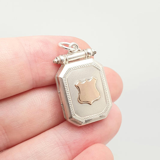 Antique Victorian Sterling Silver Locket Rose Gold Shield Centre 1909 Hallmark Rectangular Small Pendant Photo Vintage Womens Jewelry 925