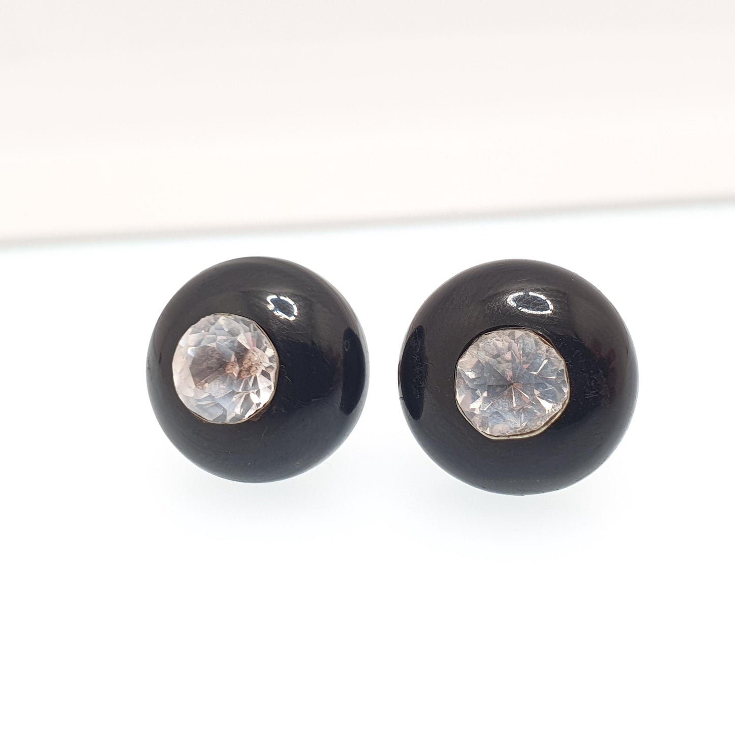 RESERVED/SOLD DON Antique Diamond Paste Whitby Jet Earrings Solid Silver Stud Victorian Dome Cabochon Genuine Black Real Vintage Womens Jewelry Jewellery