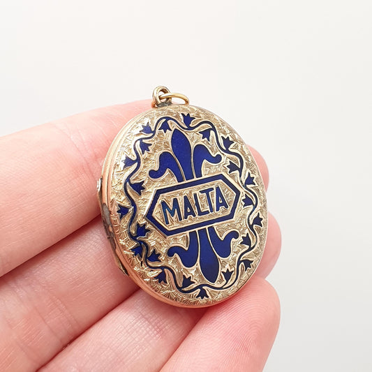 Antique Victorian 9ct 9k Gold MALTA Locket Blue Enamel Necklace Pendant Maltese Large Big Back & Front Picture Womens Jewelry Jewellery