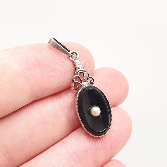 Antique Solid Silver Art Deco French Jet Necklace Onyx Paste Simulated Pearl 1920s Vintage Black Gift Womens Ladies Jewelry Jewellery