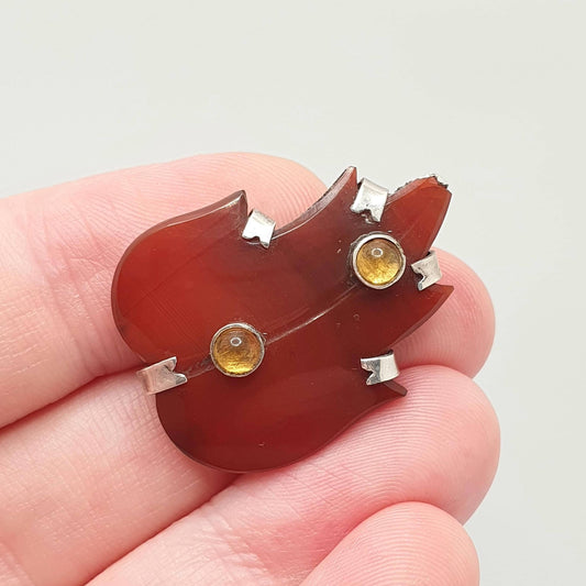 Antique Victorian Agate Leaf Solid Silver Brooch Citrine Paste Scottish Quartz Red Brown Hand Carved Gift Gaelic Jewelry Jewellery Vintage