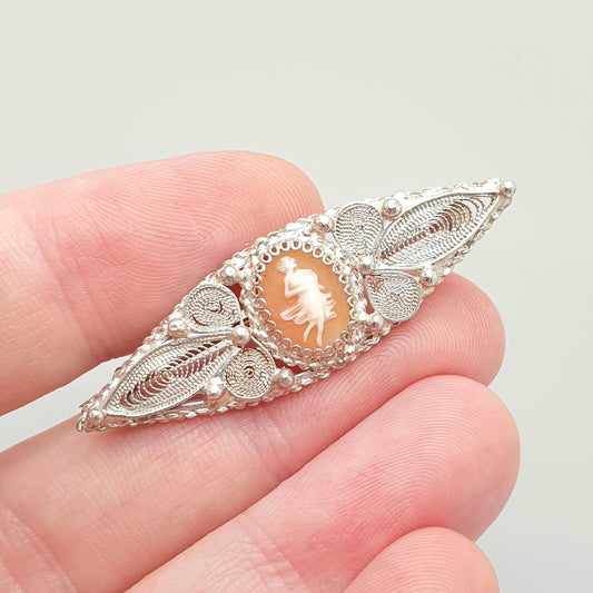 Old Vintage Solid Silver Cameo Brooch Grace Woman Lady Filigree Handmade Carved Shell 1950s Genuine Italy Italian Jewelry Womens Jewellery