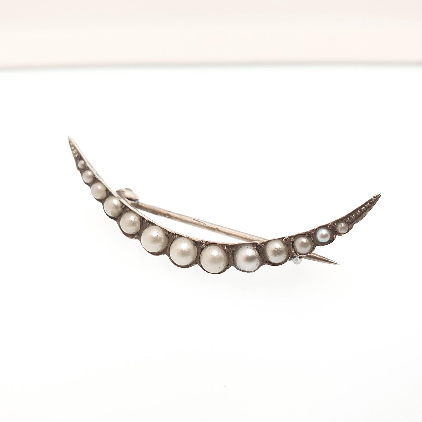 Antique Victorian Crescent Moon Solid Silver Brooch Cultured Pearl Rare Genuine Real Pearls Estate Vintage 1800s Womens Jewelry Jewellery