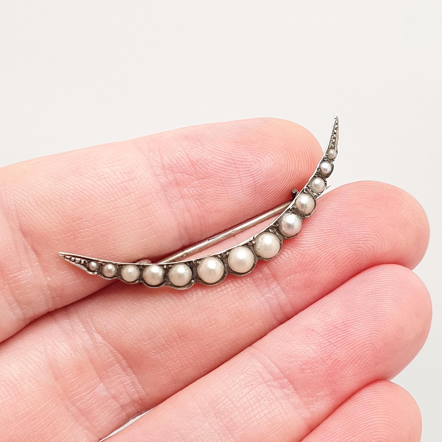 Antique Victorian Crescent Moon Solid Silver Brooch Cultured Pearl Rare Genuine Real Pearls Estate Vintage 1800s Womens Jewelry Jewellery