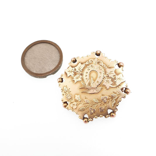 Antique Victorian 9ct Gold Bird Brooch Horseshoe Mourning Locket Sweetheart 1891 Hallmark Solid 375 9k Luck Vintage Womens Jewelry Jewellery