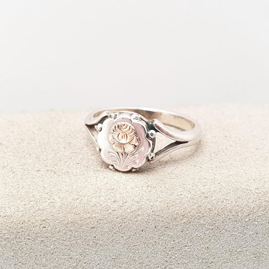 Antique Victorian Solid Silver Sweetheart Ring Rose Gold Rose Flower Signet Gift Cute 1800s Pinky Vintage Rare Womens Jewelry Jewellery