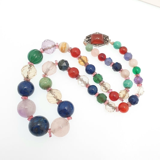 Antique Solid Silver Multi Gemstone Bead Necklace Art Deco Faceted Opal Citrine Amethyst Round Clasp Quartz Vintage Beads Jewelry Jewellery