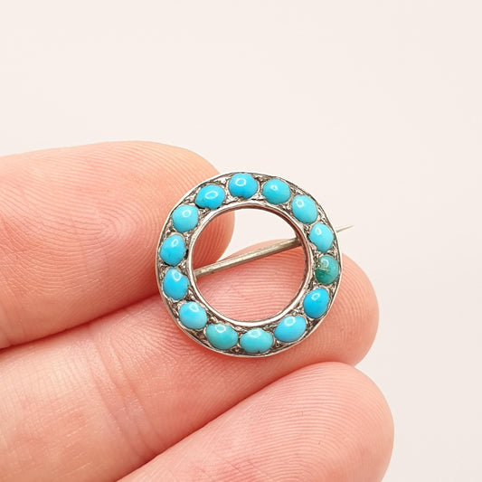 Antique Victorian Sterling Silver Turquoise Brooch Circle O 0 Zero Infinity Natural Gemstone Victoria Womens Jewelry Jewellery Vintage