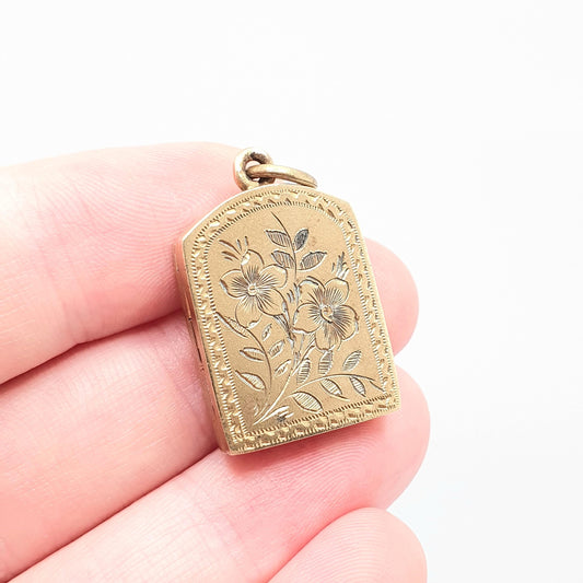 Antique Victorian Gold Gilt Locket Rectangular Door Arch Shape Flower Engraved Photo Necklace Pendant Vintage Picture Gift Jewellery Jewelry
