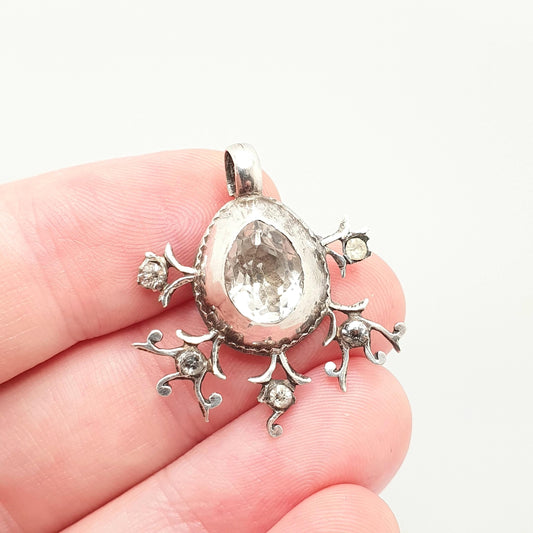 Antique Georgian Paste Solid Silver Pendant Foiled Old Pear Cut Necklace Scroll Star Genuine Large Vintage 1800s Womens Jewelry Jewellery