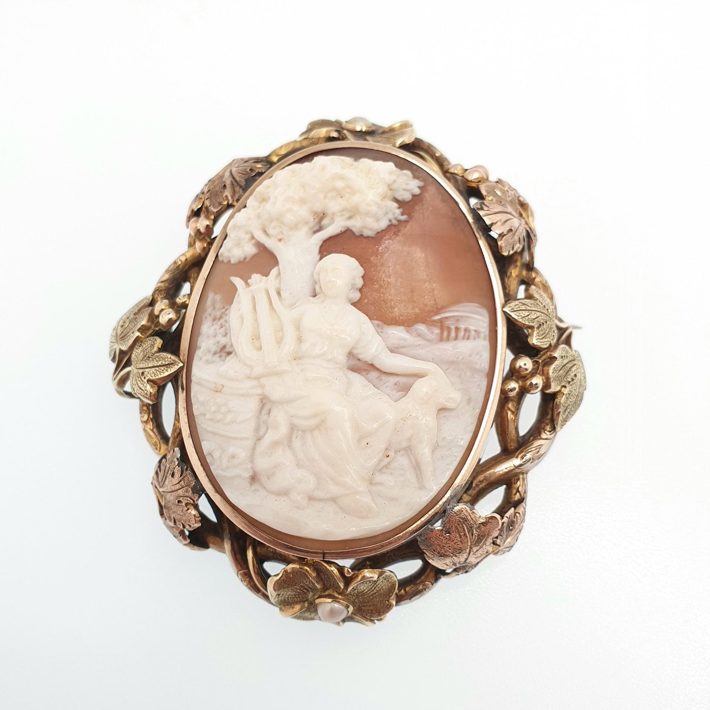 Antique Victorian 9ct Gold Cameo Brooch Lady Lyre Tree Dog Solid 9k 375 Grapevine Border Seed Pearl High Relief Carved Shell Vintage Jewelry