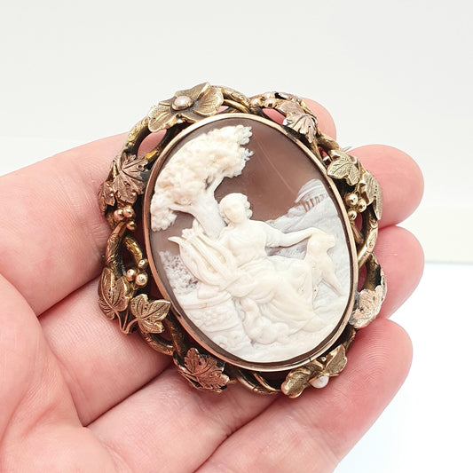 Antique Victorian 9ct Gold Cameo Brooch Lady Lyre Tree Dog Solid 9k 375 Grapevine Border Seed Pearl High Relief Carved Shell Vintage Jewelry