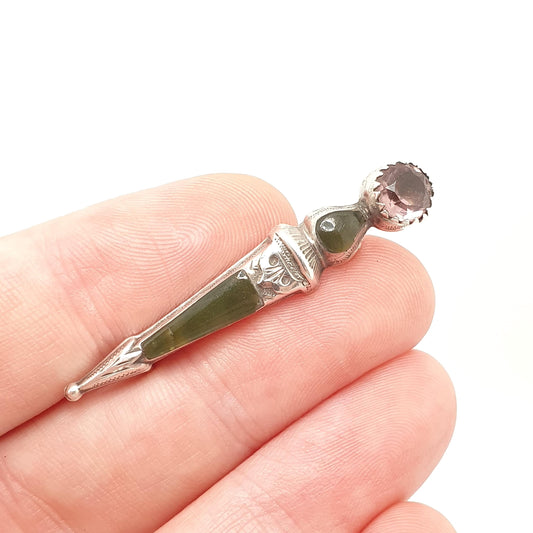 Antique Sterling Silver Kilt Dirk Brooch Pin Connemara Marble Amethyst Paste Hallmark Cairngorm Vintage Jewelry Jewellery