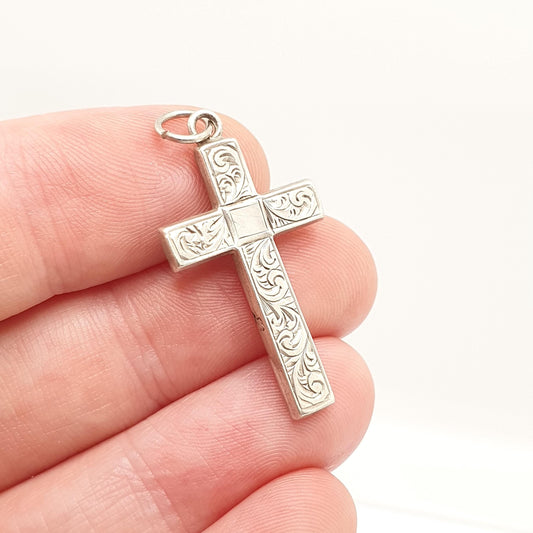 Antique Sterling Silver Crucifix Necklace Victorian Pendant 1894 Hallmarked Embossed Cross Catholic Christian Jewelry Vintage Mens Womens